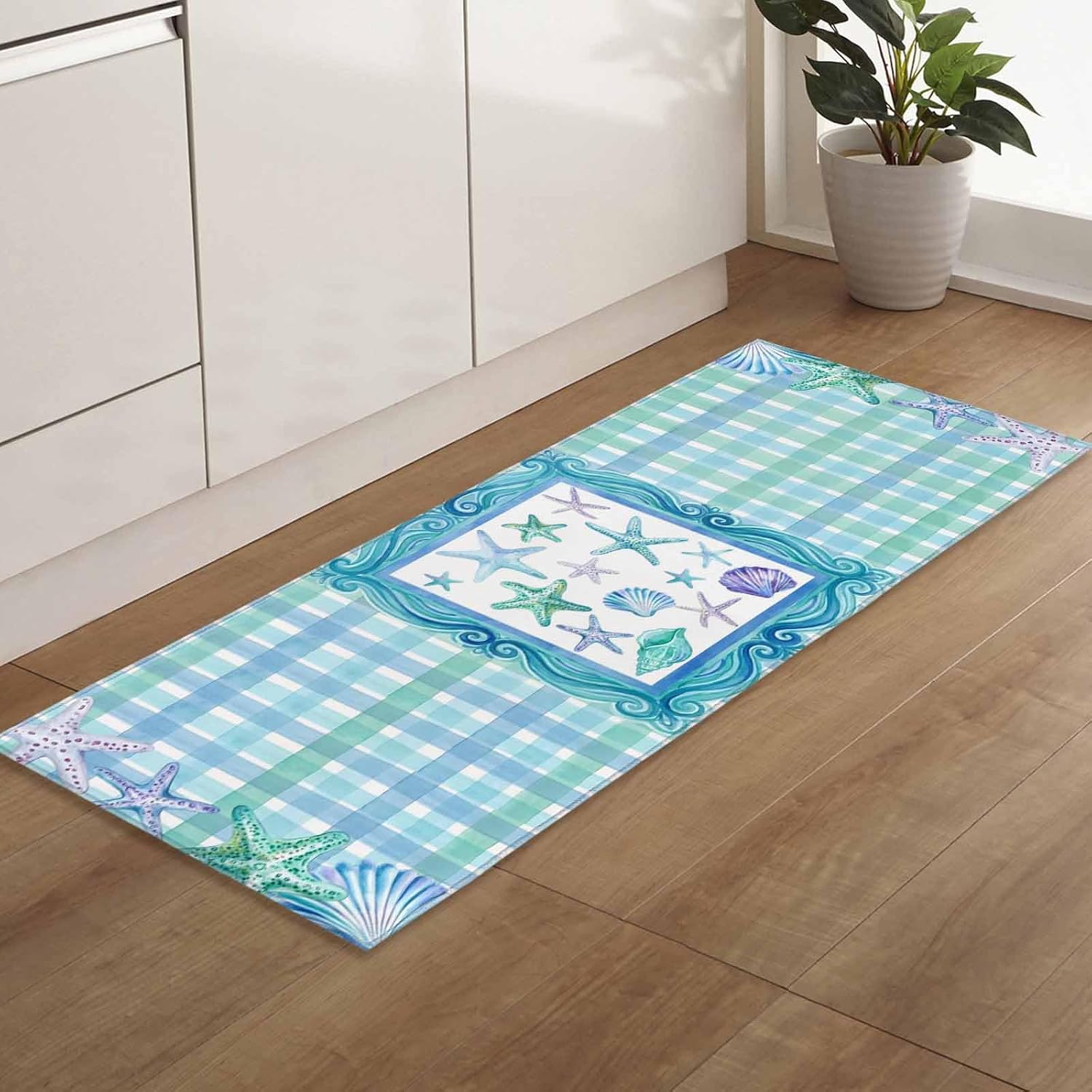 Teamery Kitchen Mats for Floor Ocean Green Blue Starfish Washable Non Slip Kitchen Rugs 1PCS, Classic Turquoise Gingham Plaid Absorbent Standing Mats for Sink Bathroom Office Living Room 23.6x70.9in