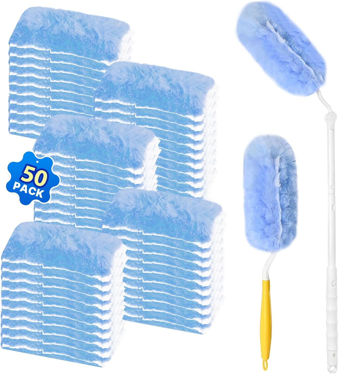 Duster Refill for Swiffer Duster, 50 Count Disposable Dusters Kit for Cleaning Dusting Furniture Blind Ceiling Fan, Multi Surface 360 Feather Duster + 3FT Extended Handle + Short Handle