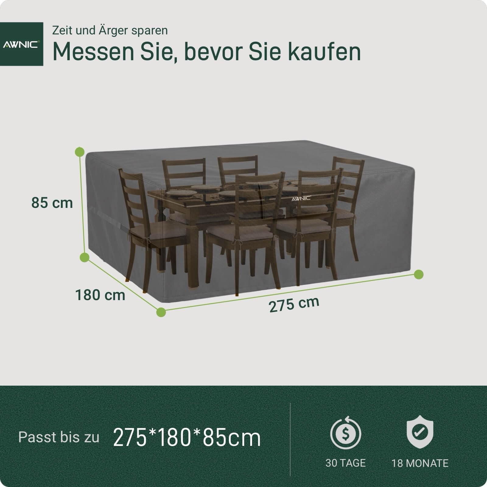 AWNIC Copertura Tavolo Esterno Impermeabile, Resistente ai Raggi UV Resistente allo Strappo Copertura per Mobili da Giardino, Telo Oxford Telo Copri Tavolo Esterno 275x180x85cm