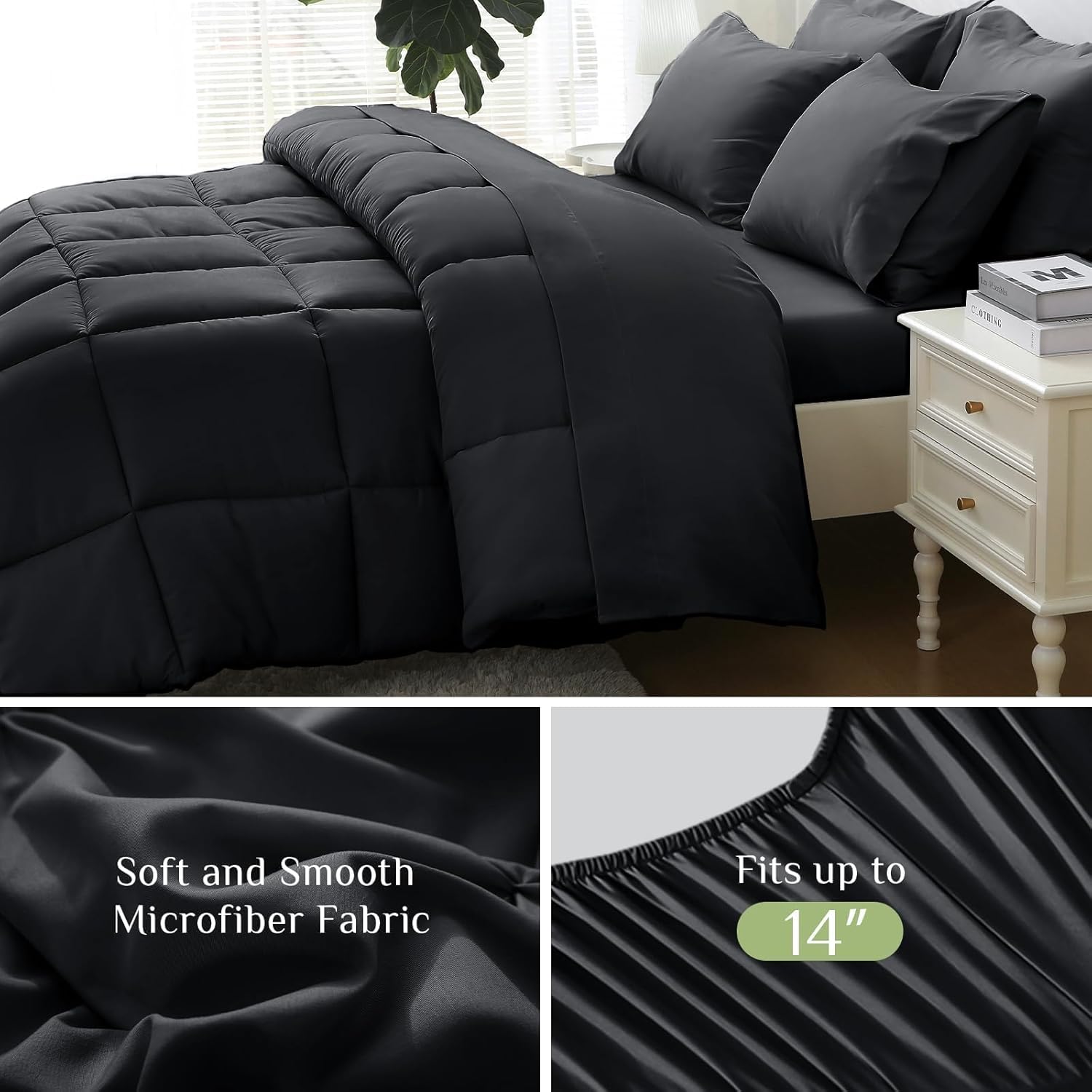 JOLLYVOGUE Full Comforter Set, Ultra-Soft Bed in a Bag Full Size 7 Pieces, Oeko-TEX Certified Bedding Set with Down Alternative Comforter, Sheets, Pillowcases & Shams, Black - Image 3