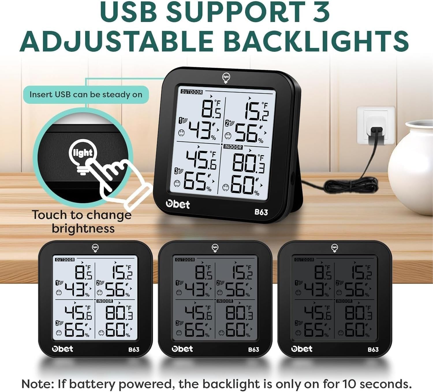 OBET thermometer main unit connected via USB with adjustable backlight levels