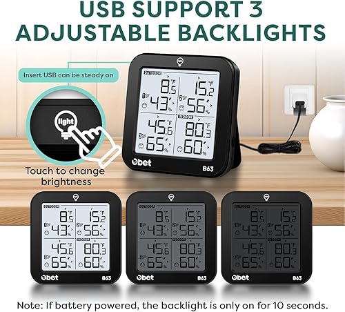 Miniatura 2 de OBET Termómetro inalámbrico para interiores y exteriores con 3 sensores, estación meteorológica, monitor de temperatura y humedad, rango de 500 pies