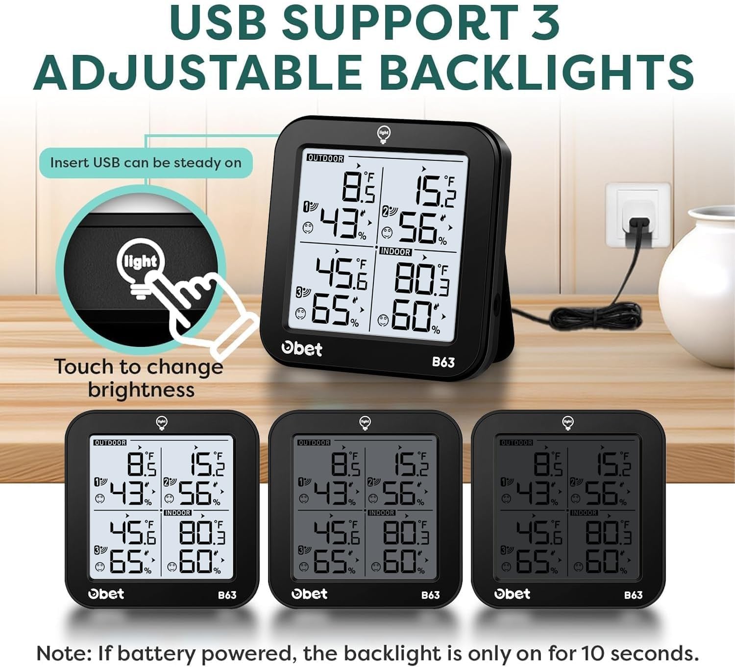 OBET Indoor Outdoor Thermometer Wireless Weather Station with 3 Sensors, Digital Hygrometer Remote Thermometer, Thermometer Temperature Humidity Monitor with Adjustable Backlight, USB Port (500 Feet)