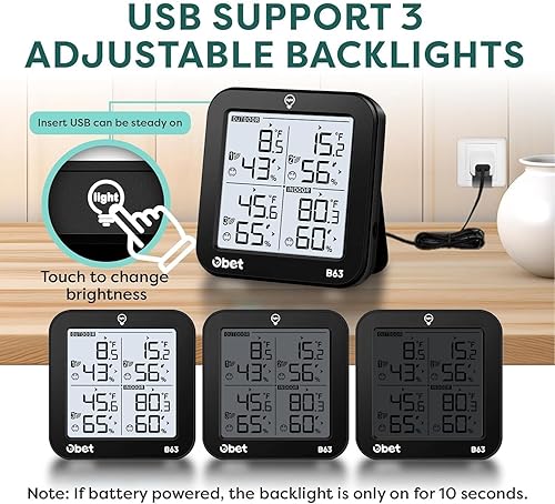 Miniatura 2 de OBET Termómetro inalámbrico para interiores y exteriores con 3 sensores, estación meteorológica, monitor de temperatura y humedad, rango de 500 pies