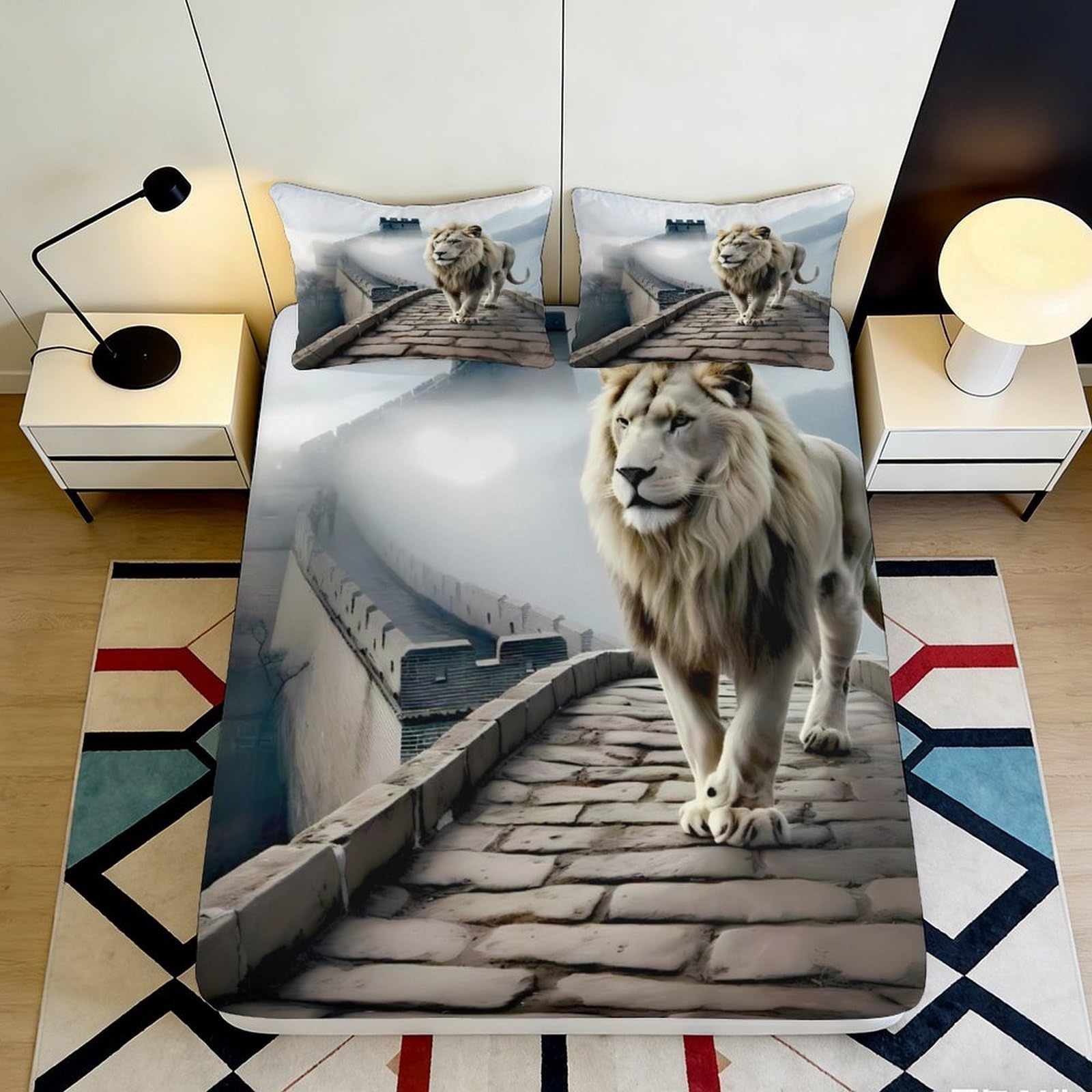 Wtorimpel Style-4 3D Printed Lion Pattern Fitted Sheet Microfiber Deep Pocket Bedroom Bedding Full Wrap Lion Mattress Fitted Cover Washable Non-Slip For Adults Teens 90X200x25cm