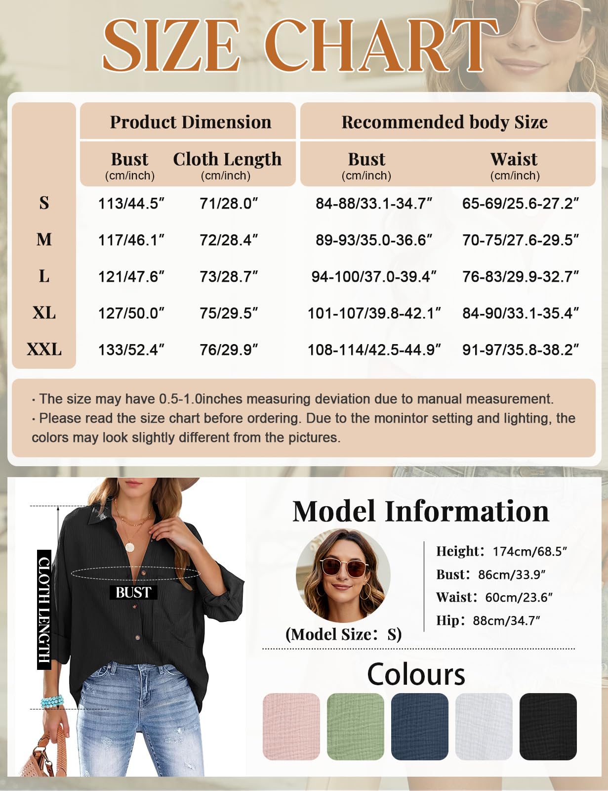 Xnova Chemisier Oversize Femme à Manches Longues, Décontractée Coton Blouse Top avec Poche, T-Shirt Col en V Chic et Élégant Chemise Ample à Boutons