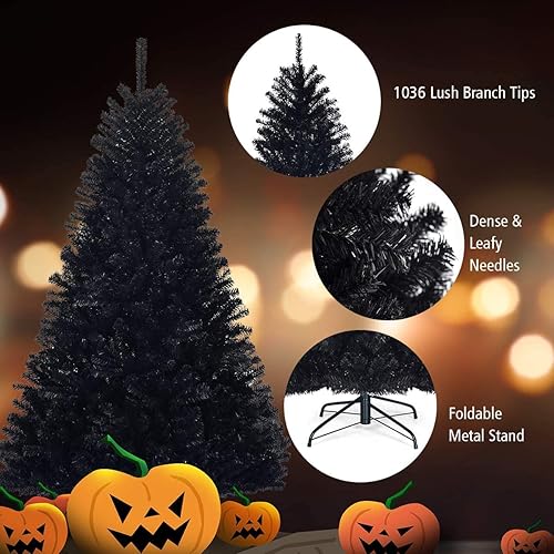 Miniatura 8 de CHEFJOY Árbol de Navidad artificial negro, árbol de pino de Navidad realista con puntas de rama y soporte de metal plegable resistente, árbol de