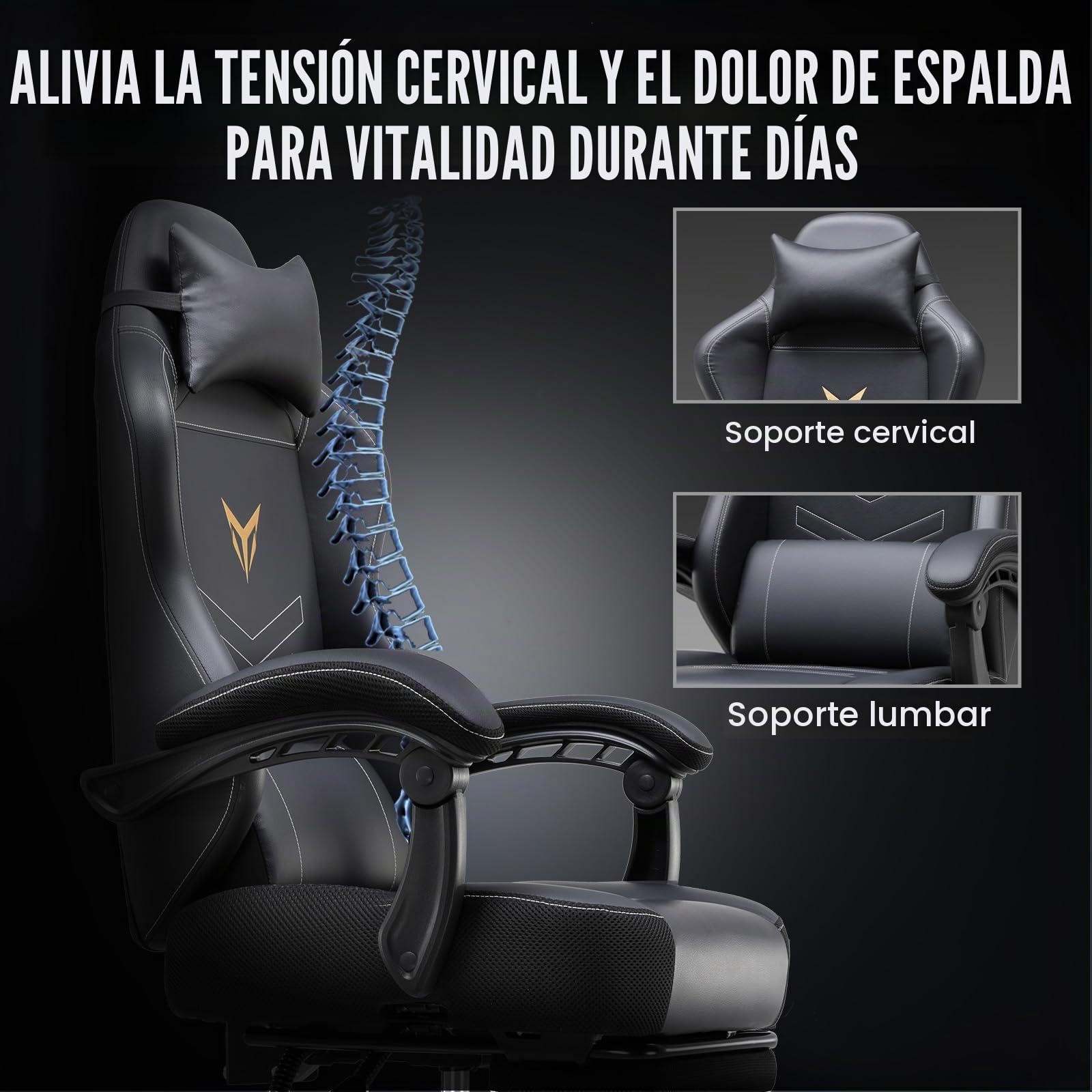 GTPLAYER Silla para Videojuegos, sillón ergonómico con reposapiés, Silla de Oficina Regulable en Altura con reposacabezas y cojín Lumbar, Silla giratoria de Piel sintética, Color Negro