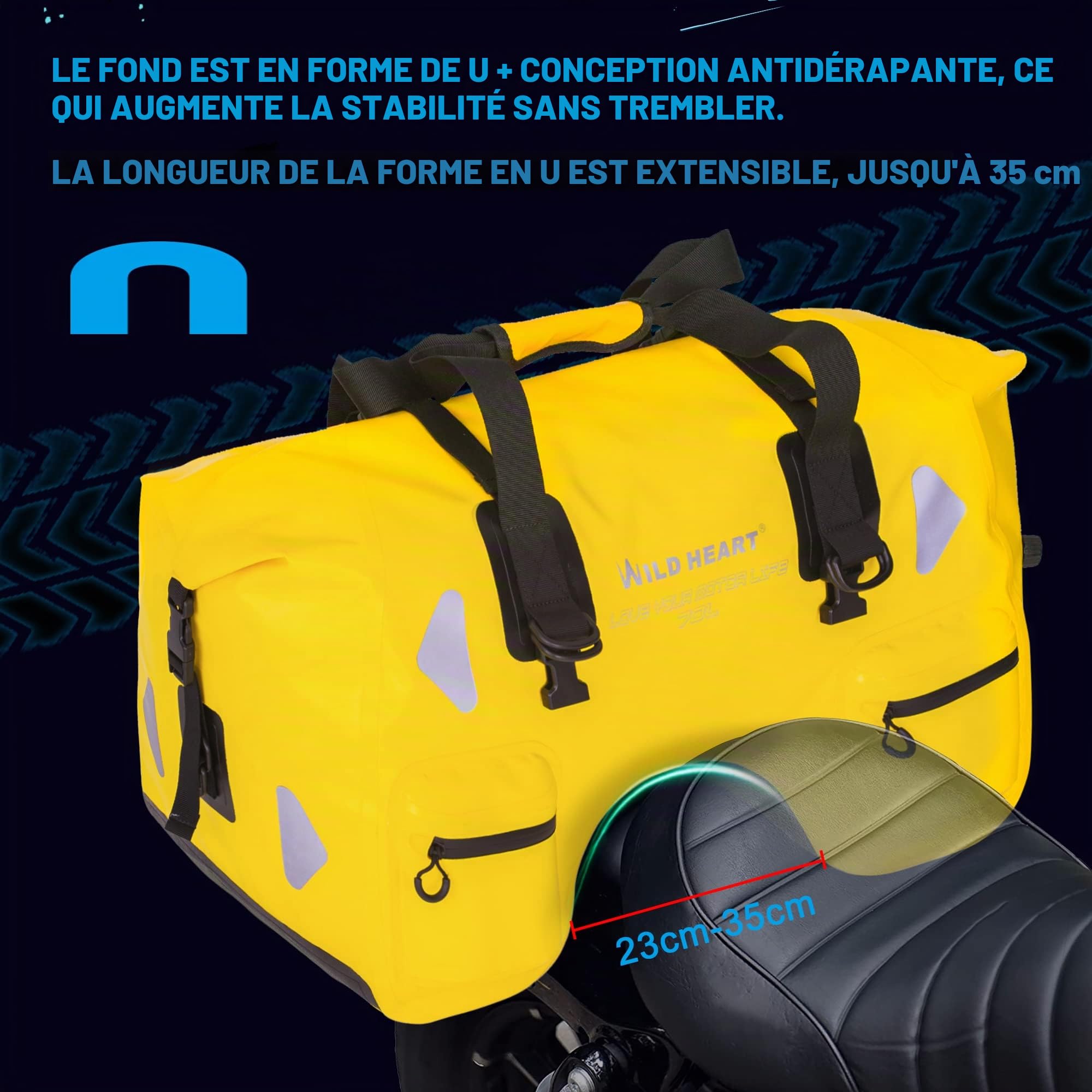 WILD HEART Sac de Voyage Moto en U de 70L Sacoche Etanche Selle Moto - Rangement Durable et étanche pour Motos - Facile à Installer, Sécurisé et sans Danger pour Votre équipement (Jaune)