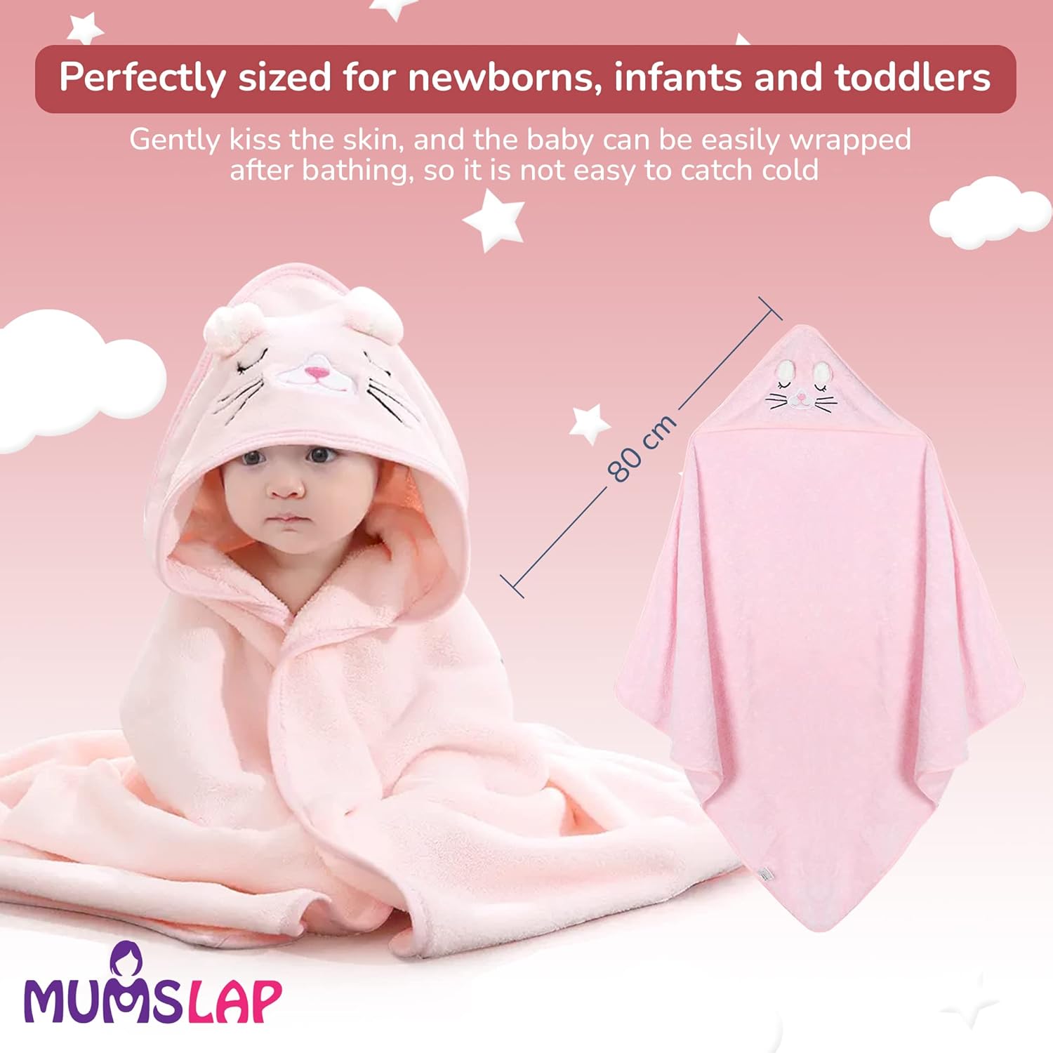 MumsLap Hooded Baby Towel-Premium Soft Baby Bath Towel for Bathtub for Newborn,Infant-Ultra Absorbent,Natural Baby Stuff Towel for Boys and Girls(Elephant,Bear)(Kitty)|Polyester Blend,300 TC