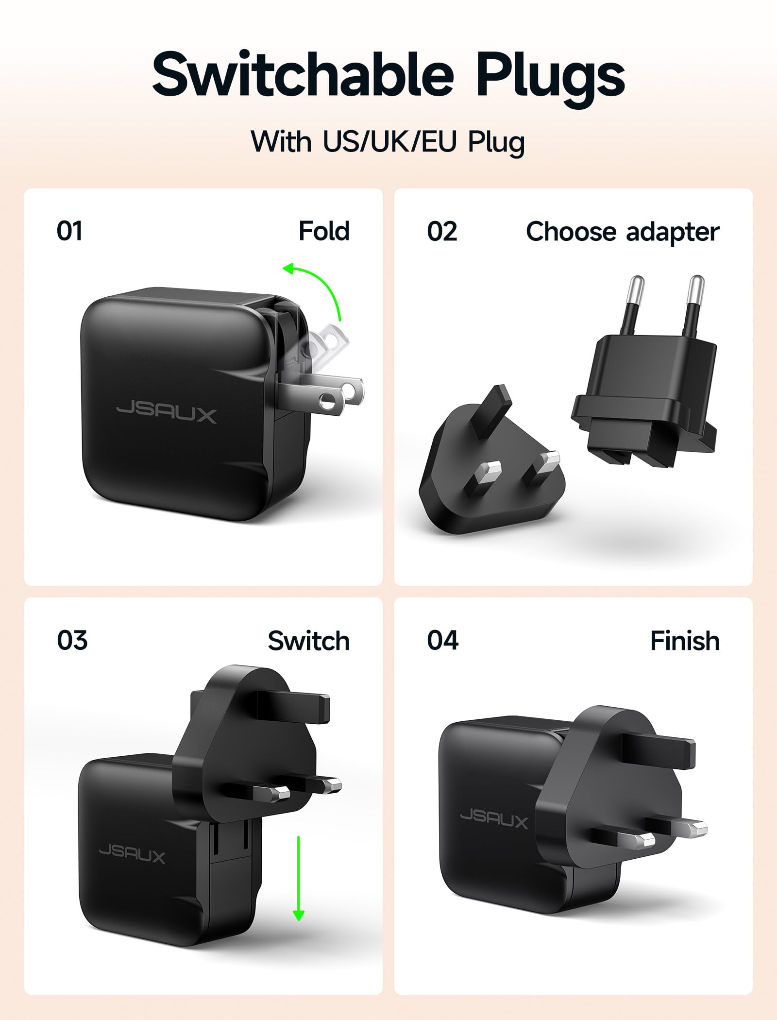 JSAUX Caricatore USB C da 65W per Nintendo Switch 2, alimenta in modalità TV, con spine EU/UK e cavo da 2 m, ricarica rapida per console, smartphone, tablet e laptop – Nero