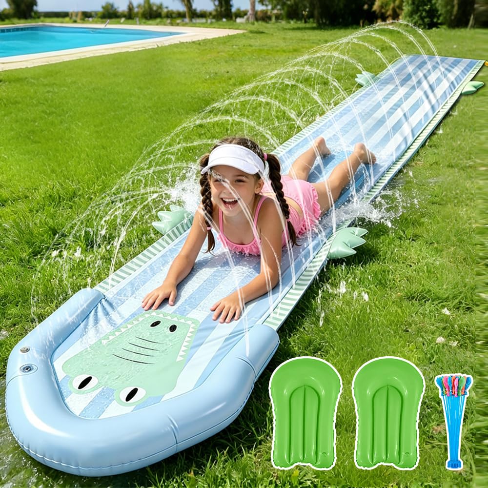 Toboggan Aquatique pour Pelouse, SGZIOO Ventriglisse 550cm, Ventre Glisse avec Arroseur et 2 Planches Gonflables de Bodyboard, Jouet d'été pour Enfants, Jardin, Piscine, Extérieu