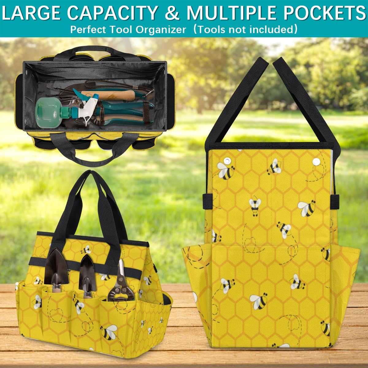 Yellow Bee Beehive Garden Tool Bag with 10 Pockets Easy Access Garden Tote Storage Bag Wear-Resistant & Reusable with 2 Handles Gardening Gifts 13" X 2.8" X 6.8"