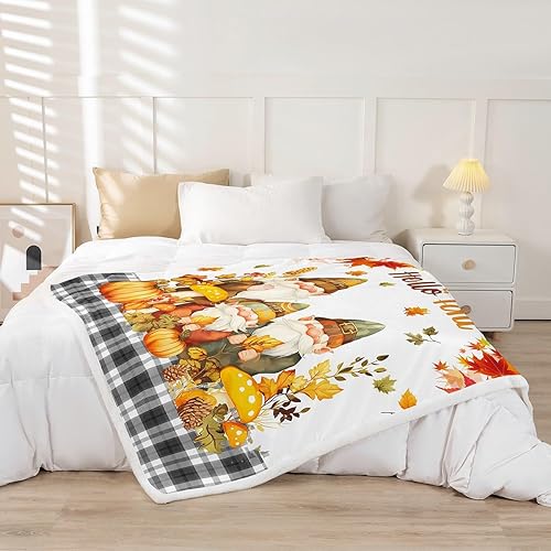 Miniatura 2 de Manfei Manta de Hello Fall con diseño de gnomos y hojas de calabaza para sofá, manta de cosecha de otoño para niños y adultos, manta de forro polar