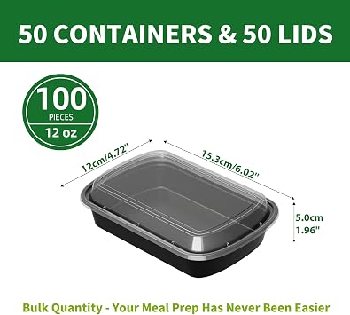 12oz Meal Prep Containers, 50 Pack Disposable Food Storage Boxes with Lids