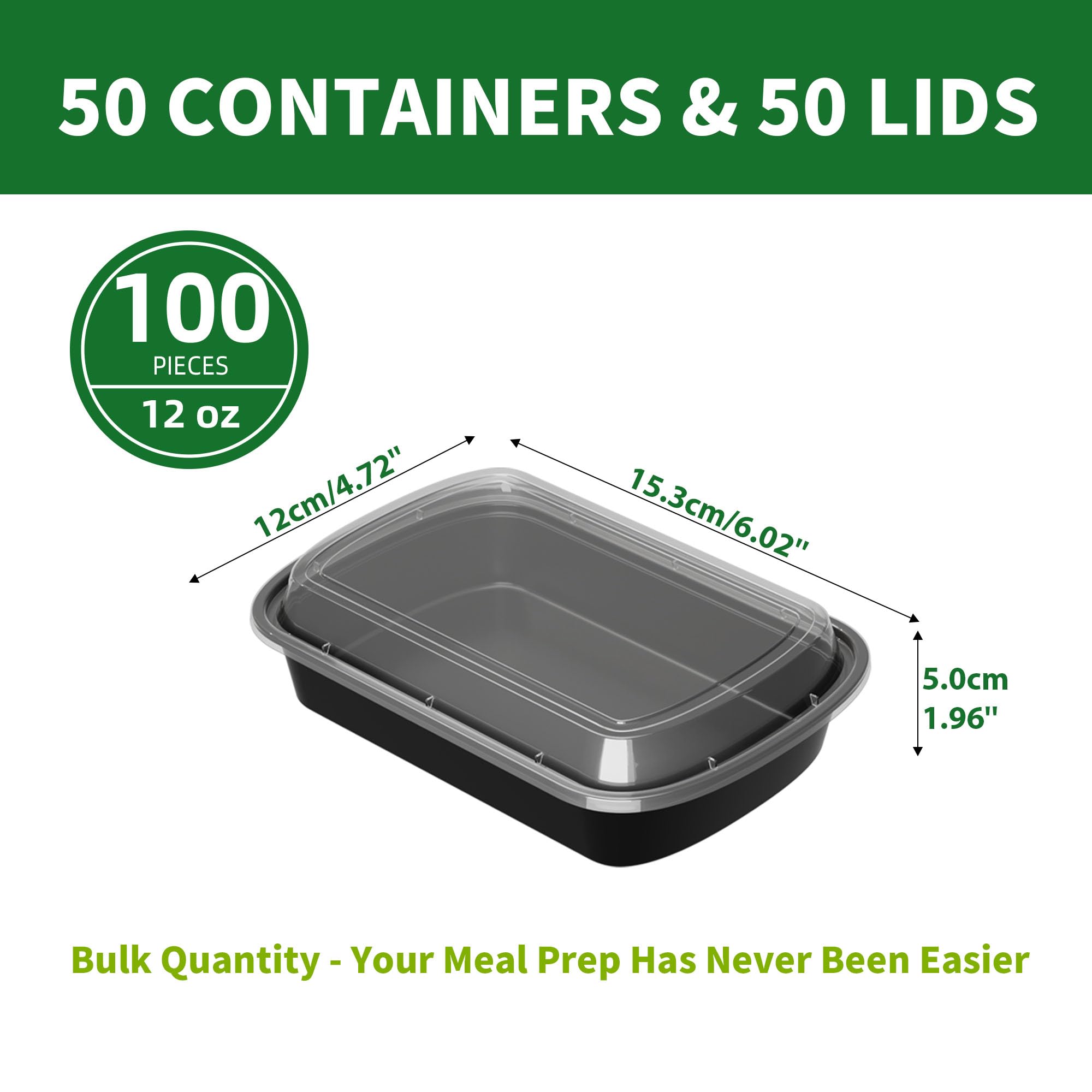 Meal Prep Containers, 50 Stück, 340 ml, Einweg-Frischhaltedosen mit auslaufsicheren Deckeln, wiederverwendbare Lunchboxen aus Kunststoff, BPA-frei, mikrowellen-/spülmaschinen-/gefriergeeignet
