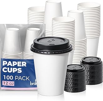 Fit Meal Prep 100 Pack 12 oz Disposable Coffee Cups with Lids, Premium To Go Paper Cups, Leak Proof Hot Coffee Cups with Lids for Travel, Office, Hot/Cold Beverages (Black Lids)