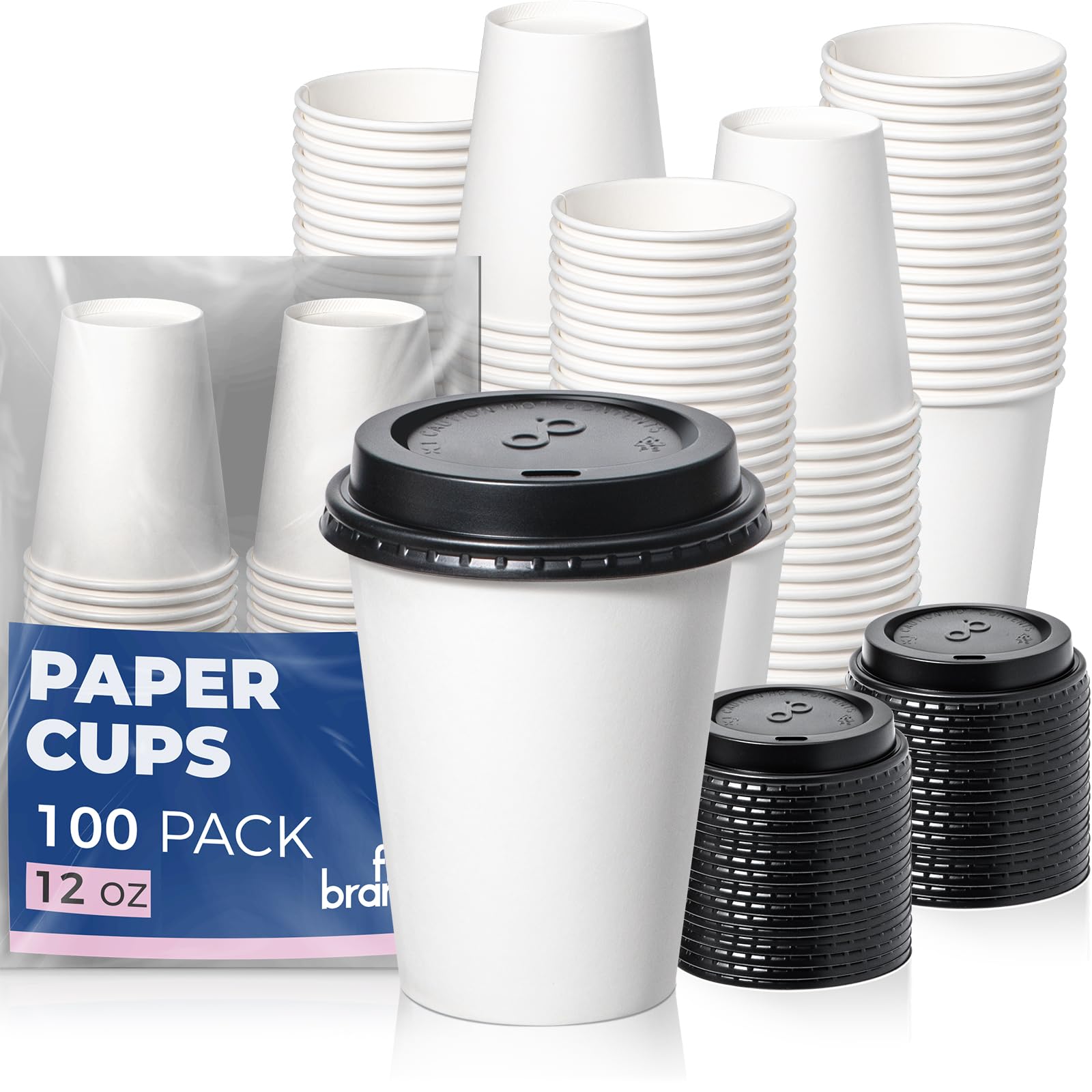 Fit Meal Prep 100 Pack 12 oz Disposable Coffee Cups with Lids, Premium To Go Paper Cups, Leak Proof Hot Coffee Cups with Lids for Travel, Office, Hot/Cold Beverages (Black Lids)
