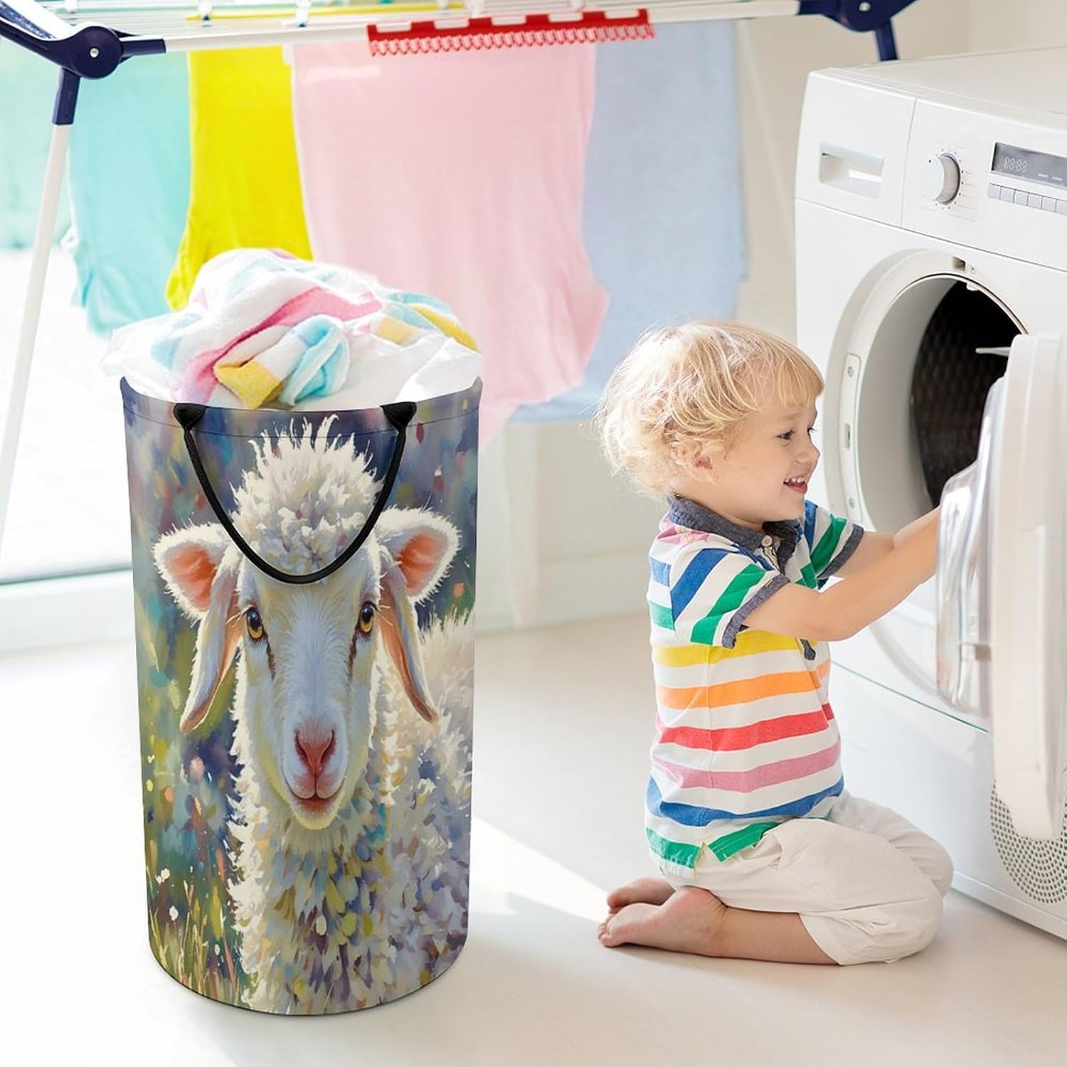 Cute Sheep Laundry Hamper Waterproof Clothes Basket Large Capacity Collapsible Laundry Basket Freestanding Clothes Hamper for Dorm Family Bathroom Decor Storage 86L