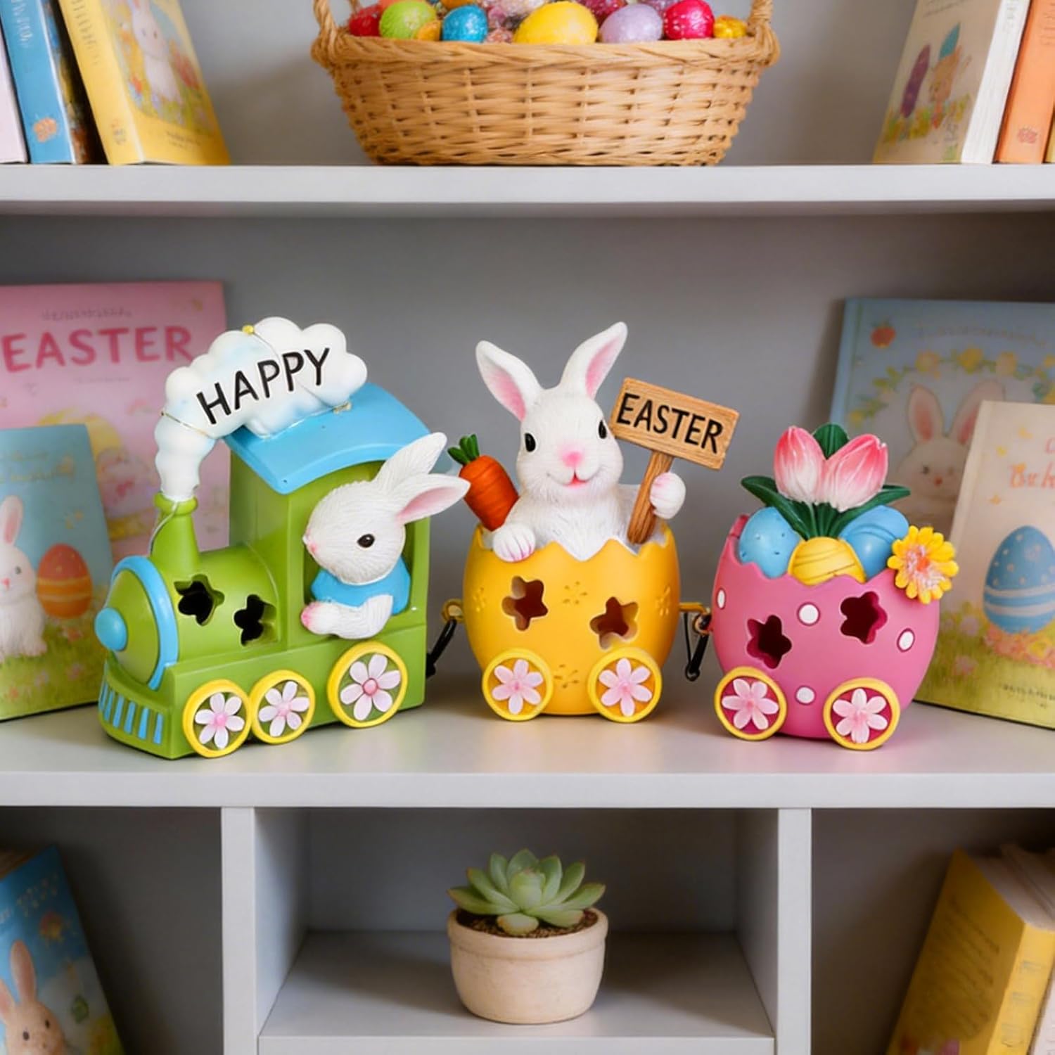 Easter Decorations for Home, Easter Bunny Train Decorations, Easter Bunny Figurines Table Centerpieceb, Home Rabbit Lighted Centerpieces Table, Spring Easter Party Tabletop Decorative Figurines