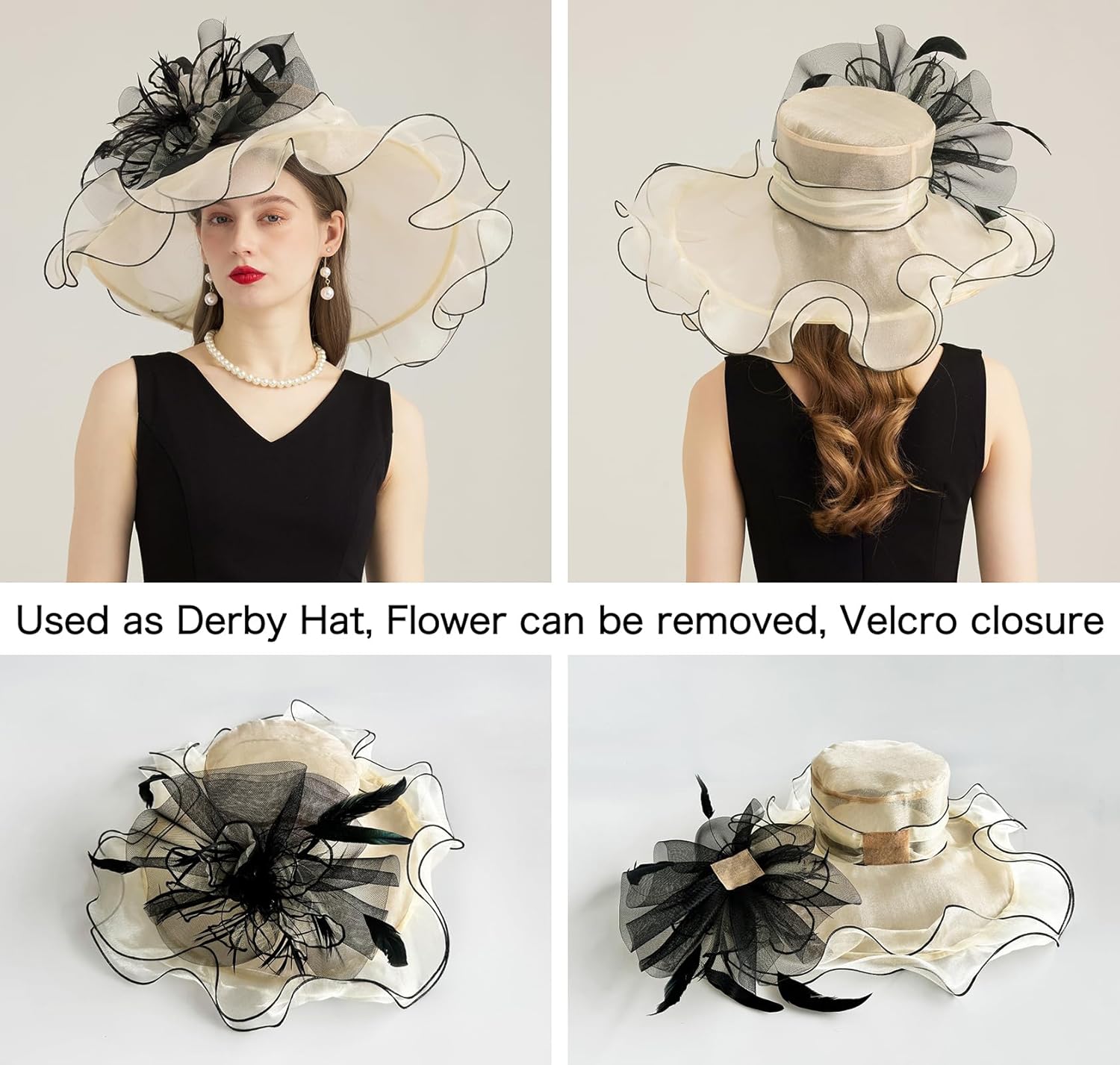 2025 Derby Hats for Women Organza Church Wedding Tea Party Hats Floral Fascinator Wide Brim Sun Hat - Image 4