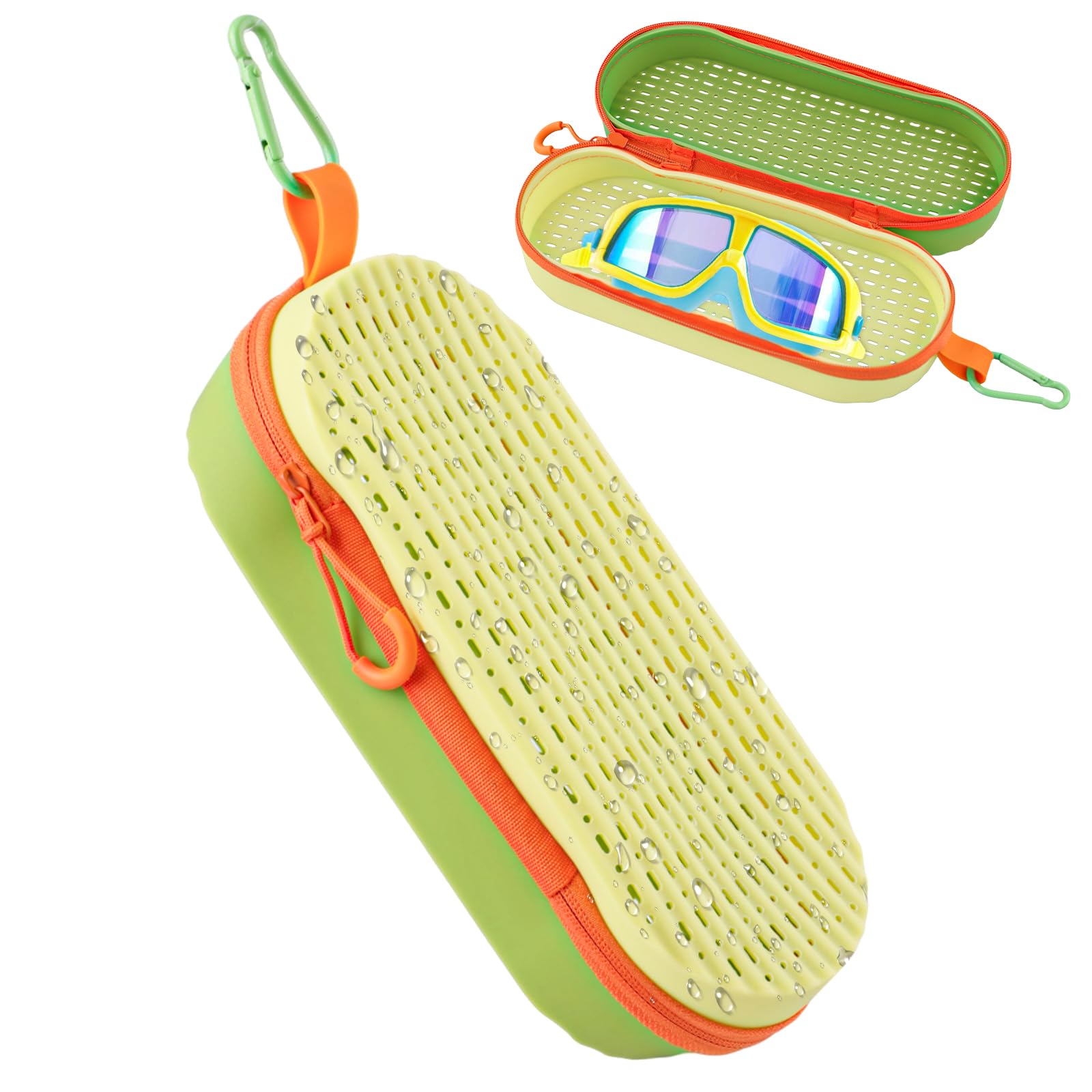 NQEUEPN Swim Goggles Case, Breathable Silicone Swimming Goggles Protective Cover with Drainage Holes, Zippered Eyeglasses Case Swim Glasses Storage Bag Pencil Case with Hook Clip (Green + Yellow)