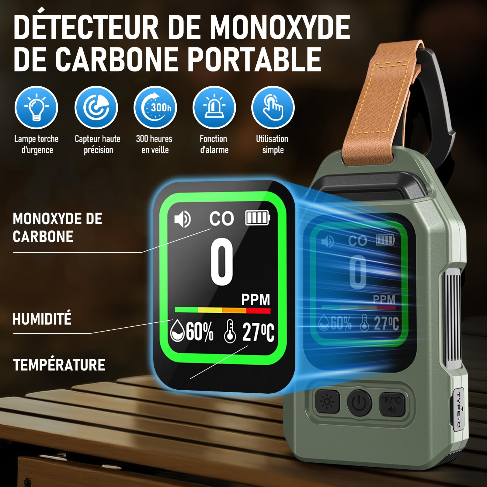 Detecteur Monoxyde Carbone Portable, Autonomie de 300 Heures, thermomètre et hygromètre avec Fonction d'alarme et Lampe Torche d'urgence, idéal pour Le Camping, Les Voyages, la Voiture et la Cuisine.