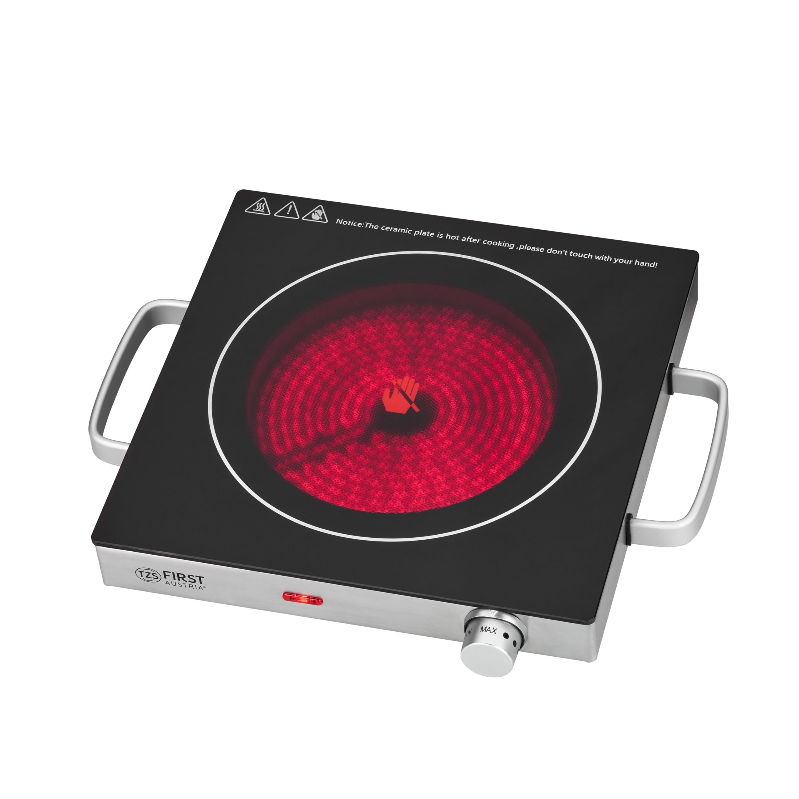 TZS First Austria - Plaque infrarouge - Ø 175 mm - Réchaud portable avec protection antisurchauffe, poignées & thermostat réglable - Vitrocéramique pour tous types de casseroles