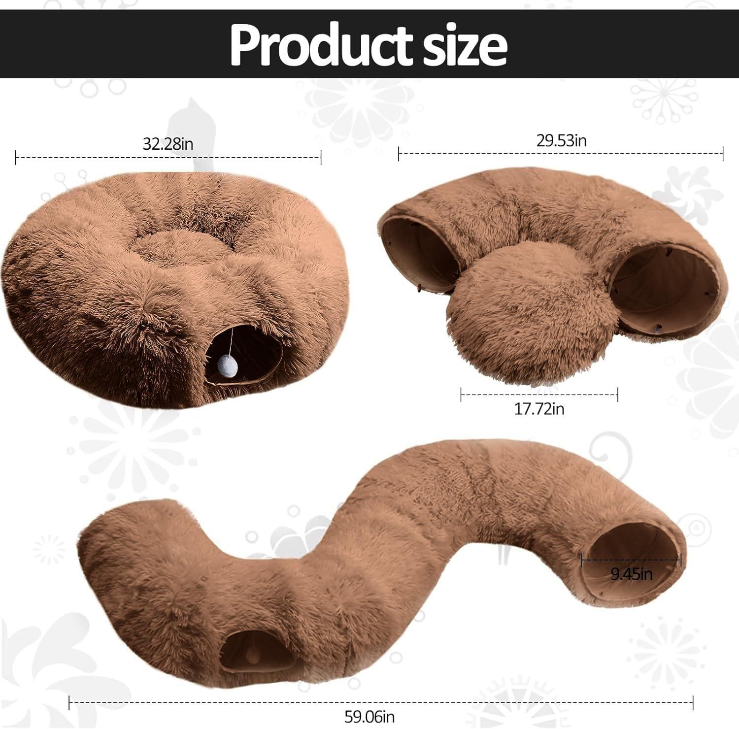 Cat Tunnel Christmas Tree Skirt， Cat Bed Under The Xmas Tree, Soft Plush Kitty Tunnel Bed with Washable Cushion, Two-Entry Peekaboo Round Christmas Cats Donut for Kitten Puppy Rabbit Ferret (Brown)
