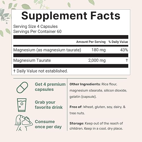 Miniatura 2 de Taurato de magnesio 2,000 mg, 240 cápsulas  Suplemento de magnesio quelado altamente biodisponible  Suplementos minerales para hombres y mujeres