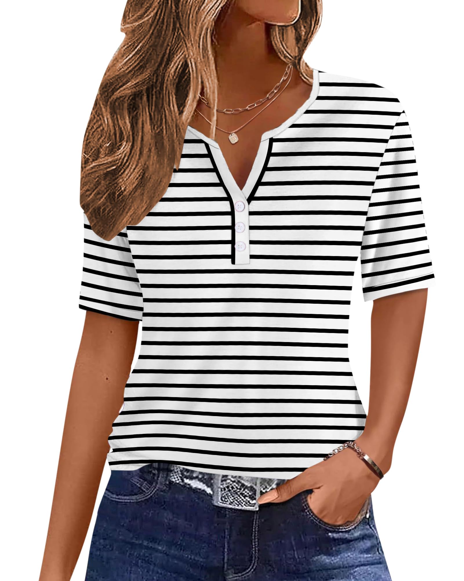 WNEEDU Tee Shirt Femme Col V T-Shirt Manches Courtes Haut Ete Basique Top Elegant avec Bouton