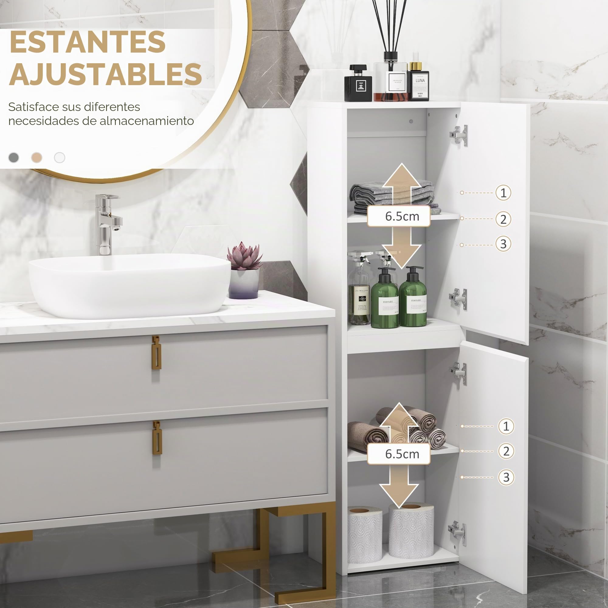 kleankin Mueble Alto de baño, Mueble Alto de almacenaje, Acabado Alto Brillo, estantes Regulables, 2 armarios, Estante de almacenaje de baño, 35 x 25 x 120 cm, Lacado en Blanco