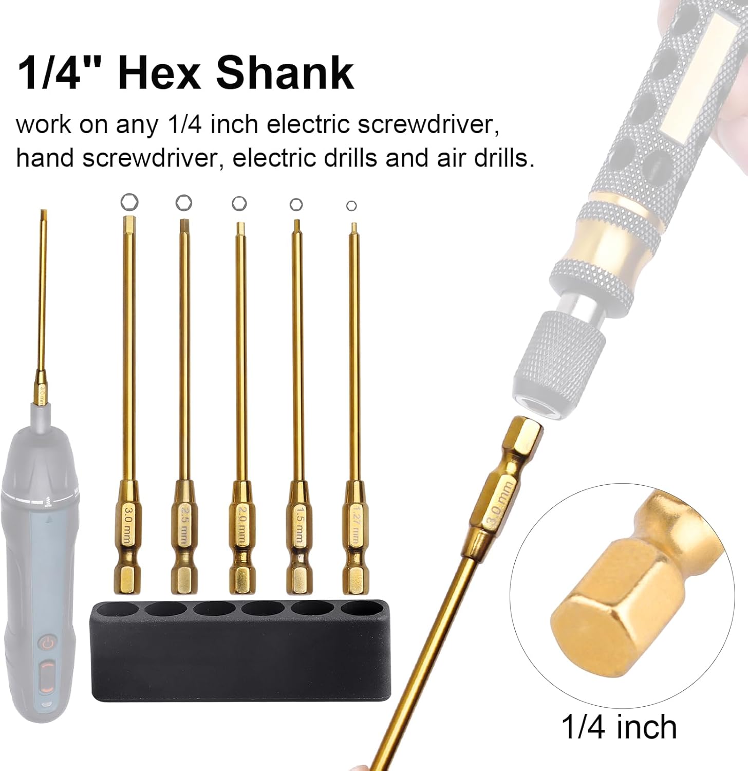 Titanium 1/4" Drive RC Hex Driver Bit Set 1.27mm 1.5mm 2.0mm 2.5mm 3.0mm Allen Wrench Keys Compatible with Electric Drills Impact Drill (5-Pack)