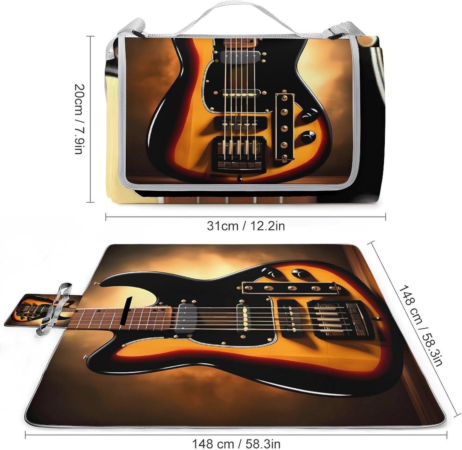 Outdoor Picnic Blanket,Instrumental Guitar Print Picnic Blankets,Large Beach Blanket Sand Free Foldable Portable Camping Blanket, 58.3x58.3