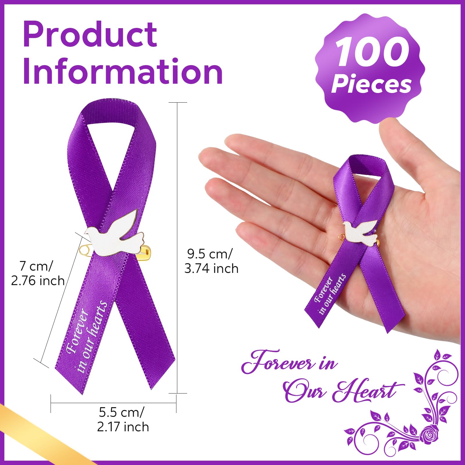Geosar 100 Pcs Dove Funeral Memorial Ribbons Pins Memorial Service Respect Funeral Personalized Ribbon Bow with Safety Pins and White Dove for Mourning Remembrance Day Event(Purple)