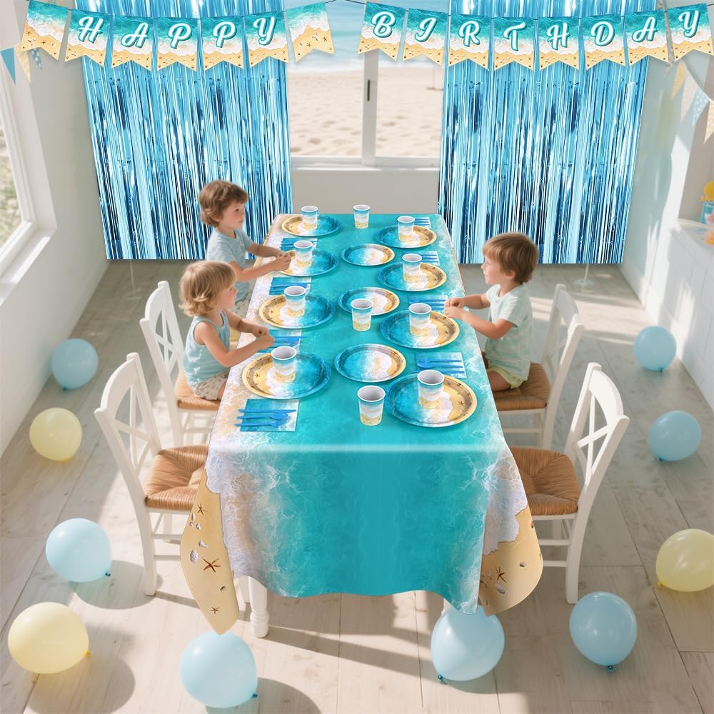 196Pcs Beach Birthday Party Decorations, Ocean Waves Happy Birthday Party Supplies Tableware Set Summer Pool Party Plates, Cups, Napkins, Banner, Tablecloth for Hawaiian Bday Party
