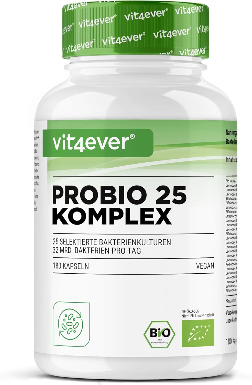 Probio 25 Culture Complex with 32 Billion Lactic Acid Bacteria and 25 Bacterial Strains + Organic Inulin Per Daily Dose, 180 Gastro-Resistant Capsules, High Dosed, Vegan