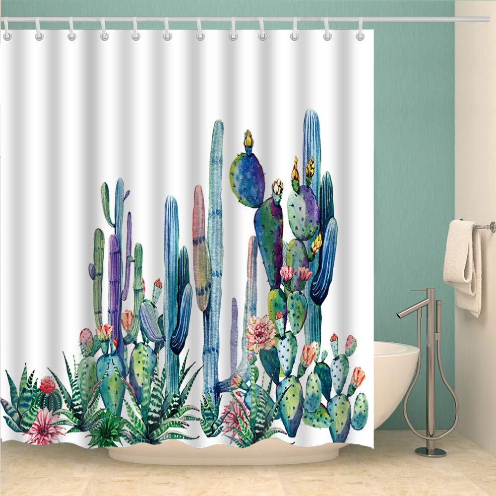 YONG-SHENG Tropical Plants Cactus Shower Curtain Waterproof Mildew Resistant Polyester Fabric Bathroom Setswith 12 Hooks(180 x 180 cm|100% Polyester)