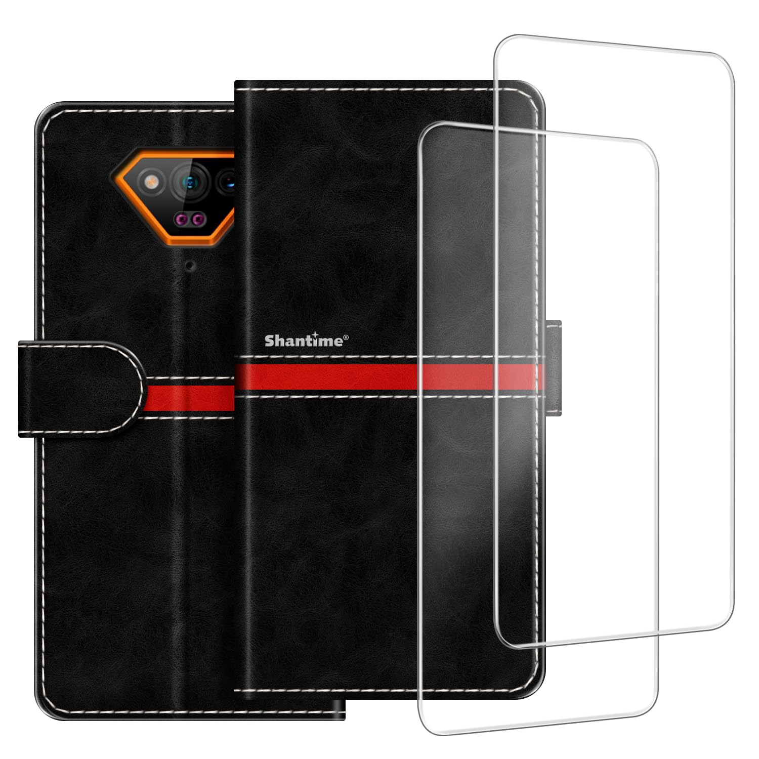 Colorblock Stripe PU Leather Wallet Case + 2-Pack Tempered Glass Screen Protector Compatible with Hammer Iron V, Slim Durable Cover, Card Slots, Full Protection (Black)