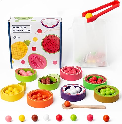 JOCY Montessori - Juguetes de madera para clasificar colores, 6 frutas clasificando habilidades motoras, juego de cuentas de tablero de clavijas de