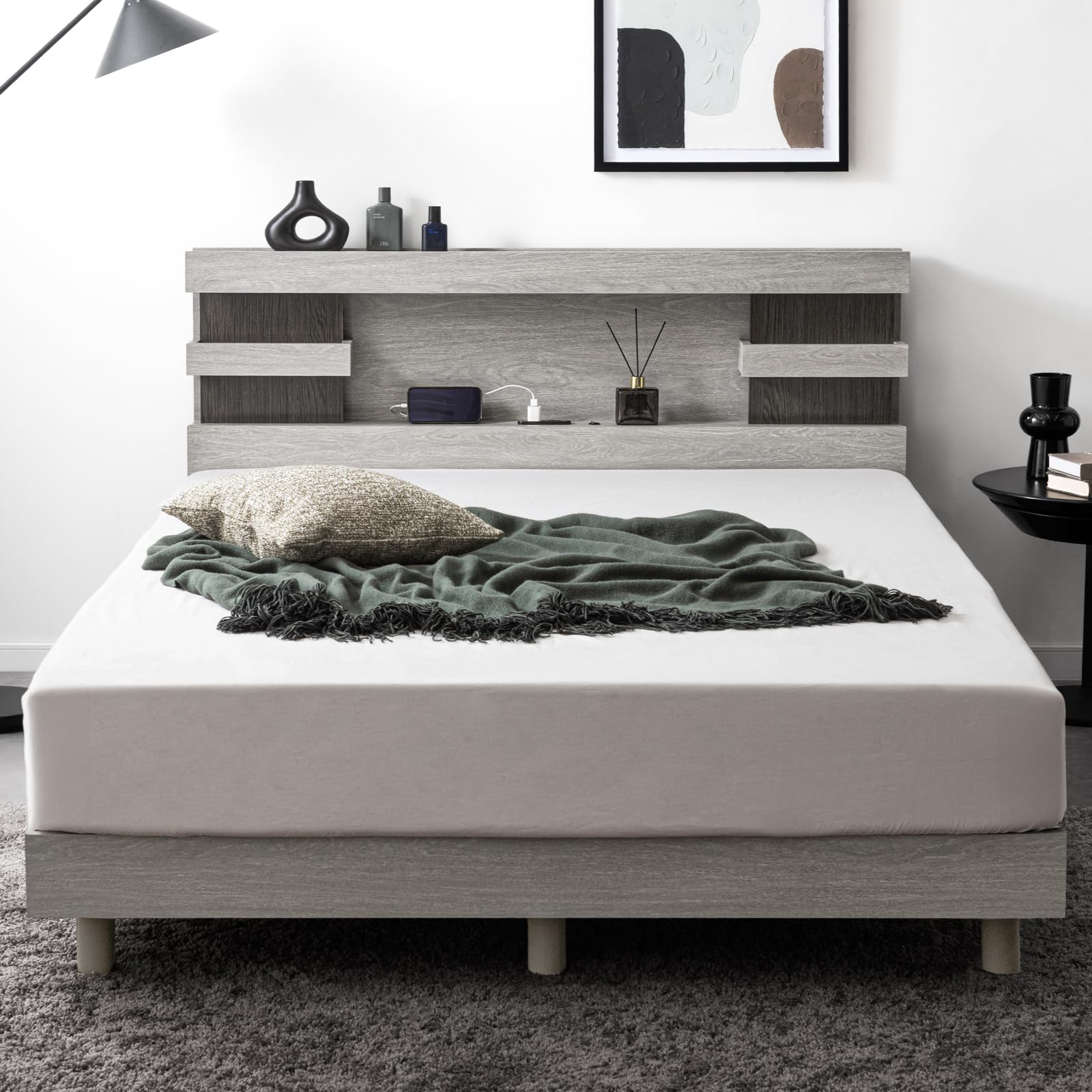 Amazon｜タンスのゲン ベッド セミダブル 単品 宮棚 ライト付き