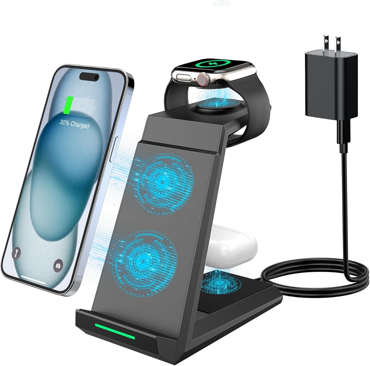 Wireless Charging Station for iPhone - ADADPU 3 in 1 Charger Stand for iPhone 17 16 15 14 13 12 11 Pro Max XR 8 Plus, for Apple Watch 8/7/SE/6/5/4/3/2, AirPods Pro/3/2(with 5ft Cable and 20W Adapter)