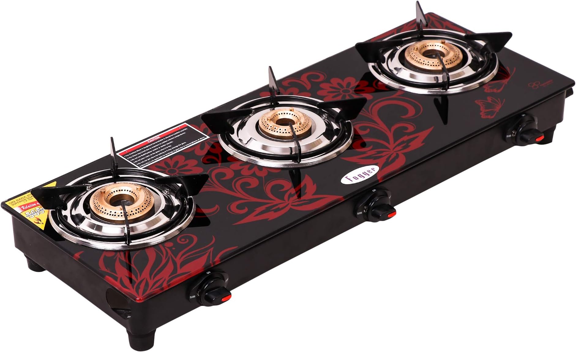 Fogger Digital Red Glass Top 3 Burner Gas Stove (Manual Ignition, ISI Approved)