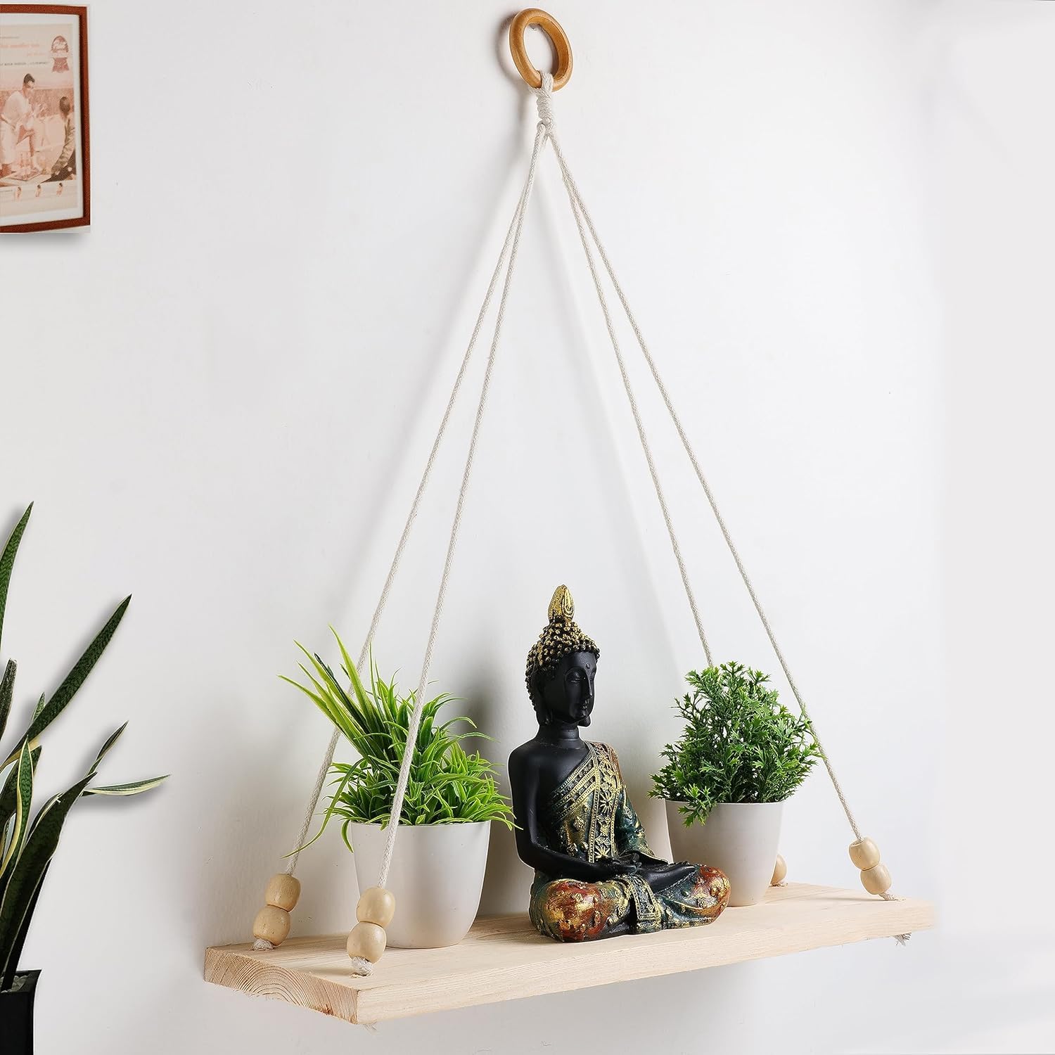 Muizz Macrame Wall Hanging Shelf Wood Floating Shelves with Wooden Beads & Ring Modern Chic Decor for Dorm Living Room Nursery Gift Item (55 x 43 cm, Beige)