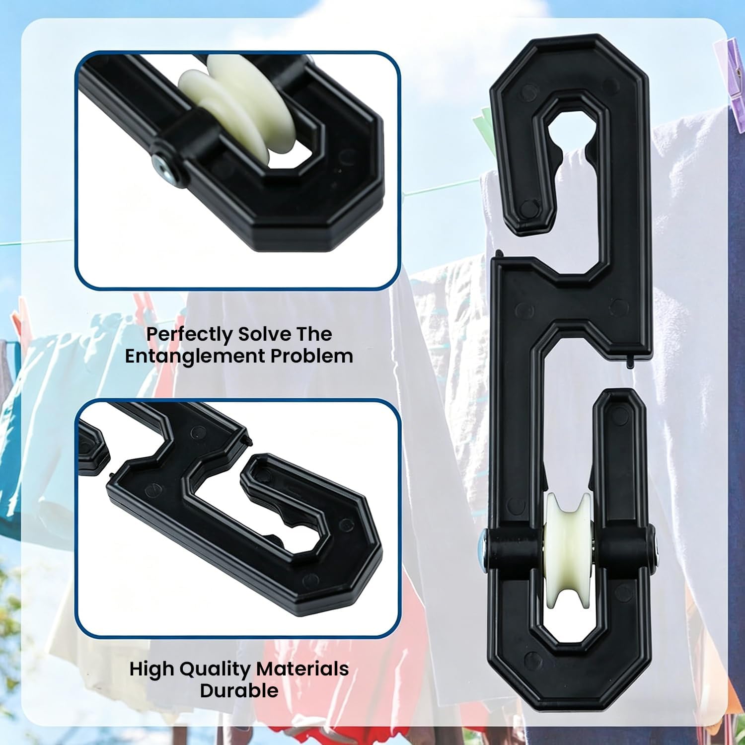 2 Pack Clothesline Spreader, Plastic Aluminum Clothesline Separator Pulley Kit, Heavy Duty Outdoor Clothesline Pulley Accessories for Long Clothes Lines & Heavy Loads-Black