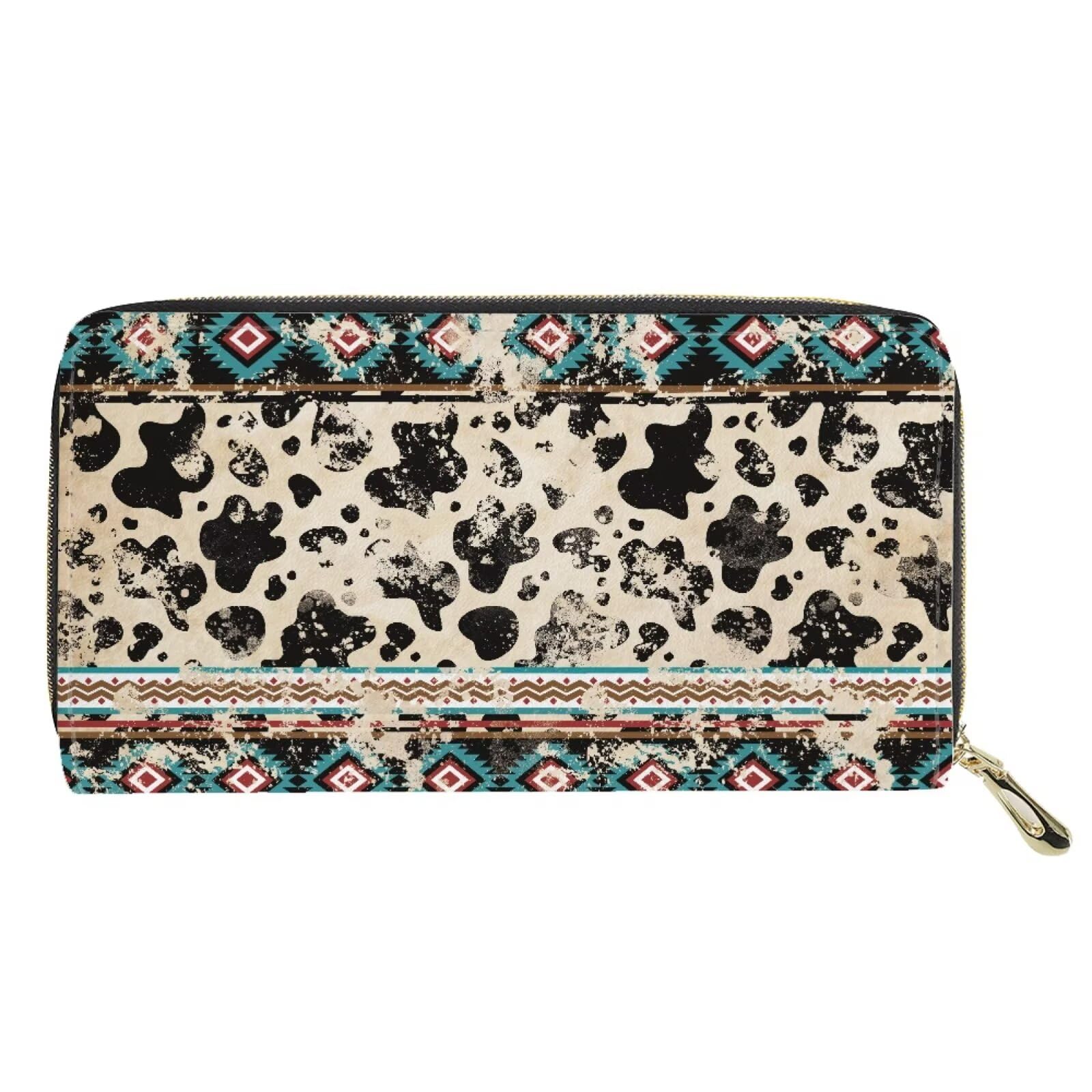 JOAIFO Womens Wallet Leather Boho Purses for Women Cow Print Wallets with Coin Pocket 4 Card Slots Zipper Wallet Card Holder Organizer for Teen Girls