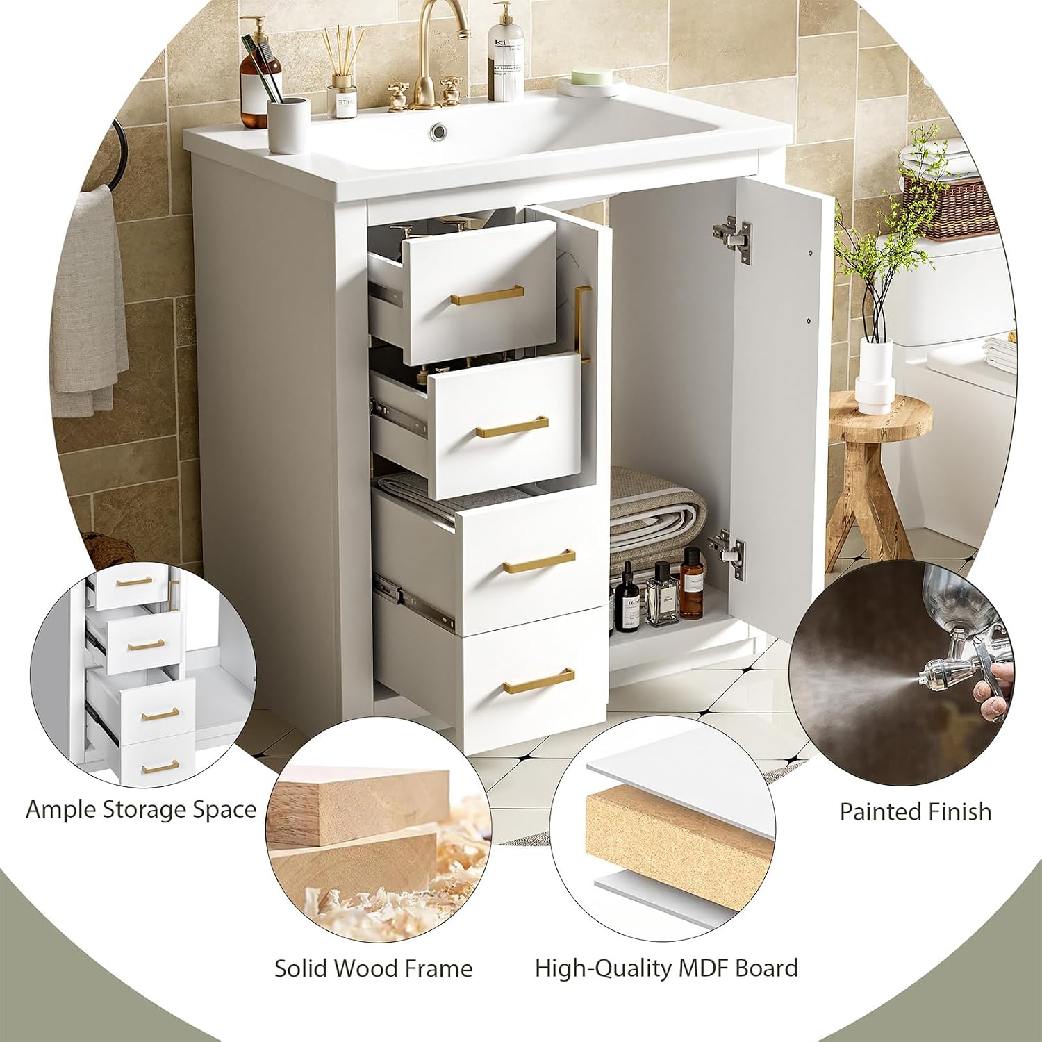 30" Bathroom Vanity with Single Sink Combo,Solid Wood Frame Bathroom Storage Cabinet with Ceramic Sink, Freestanding Bathroom Vanities with 3 Drawers and 2 Doors, White