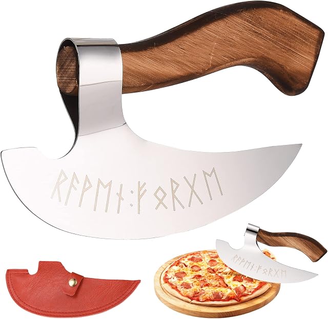 AVKART Pizza Cutter Viking Axe Viking Hatchet Handmade Pizza Cutting Axe with Sheath Stainless Steel Pizza Slicer with Wooden Handle Kitchen Tool Pizza Oven Accessory