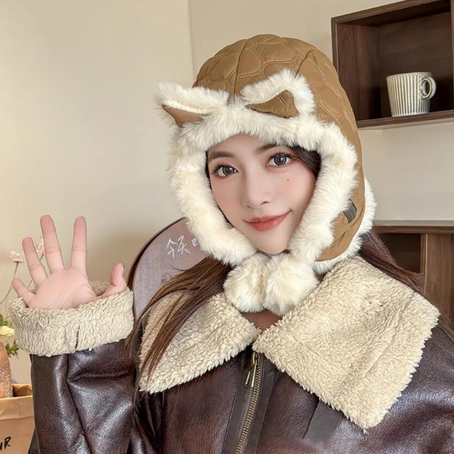 Women's Winter Hat Ski Hat Windproof Warm Plush Balaclava with Ear Covers Fox Shape Protection Face and Neck 54-58cm