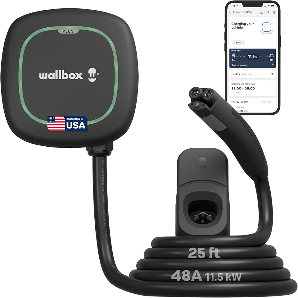 Wallbox Pulsar Plus Level 2 EV Charger 48 Amp - 11.5kW 240V Wall Home EV Charger - NACS for Tesla 25ft Cable - Outdoor and Indoor EVSE - Energy Star and UL Certified - Assembled in USA